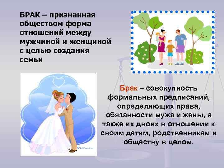 БРАК – признанная обществом форма отношений между мужчиной и женщиной с целью создания семьи