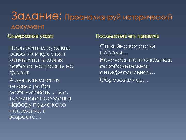 Задание: Проанализируй исторический документ Содержание указа Царь решил русских рабочих и крестьян, занятых на