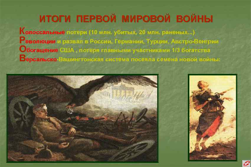 ИТОГИ ПЕРВОЙ МИРОВОЙ ВОЙНЫ Колоссальные потери (10 млн. убитых, 20 млн. раненых. . .