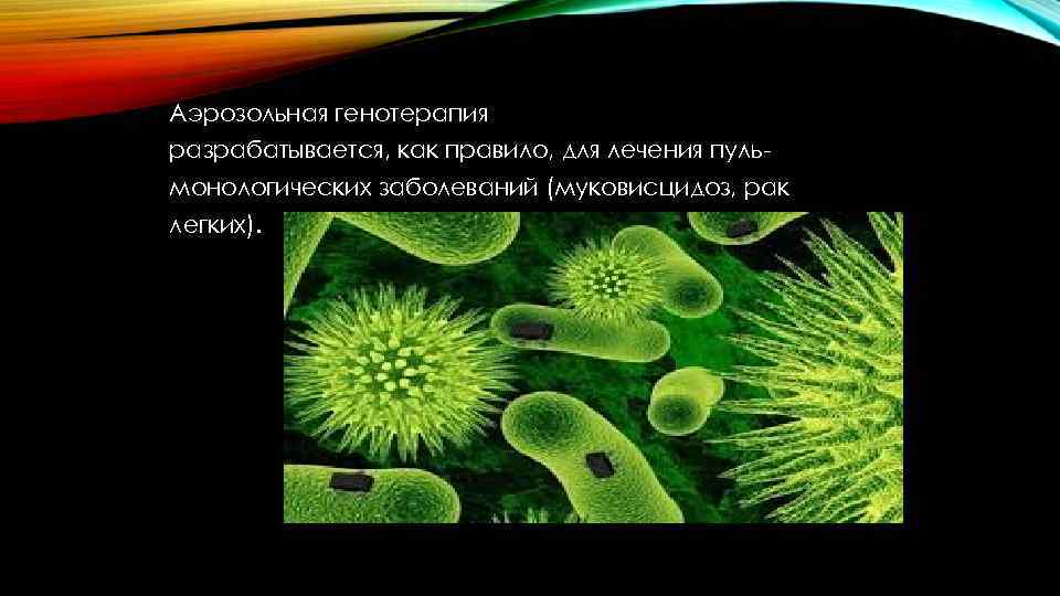 Аэрозольная генотерапия разрабатывается, как правило, для лечения пульмонологических заболеваний (муковисцидоз, рак легких). 
