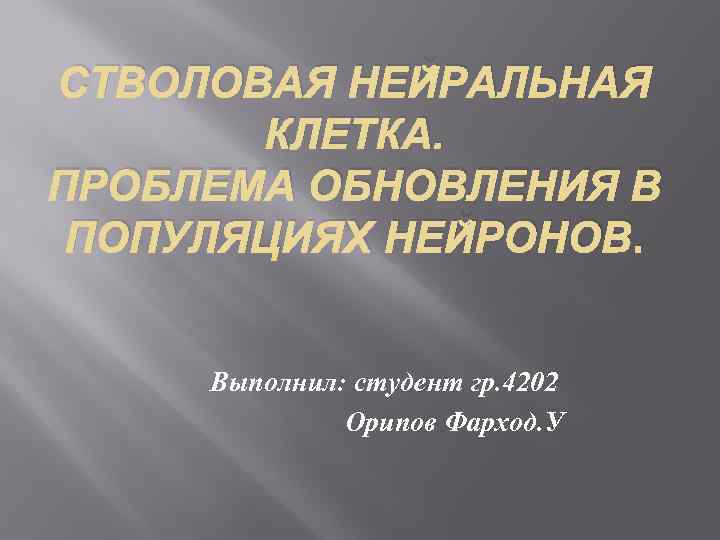 СТВОЛОВАЯ НЕЙРАЛЬНАЯ КЛЕТКА. ПРОБЛЕМА ОБНОВЛЕНИЯ В ПОПУЛЯЦИЯХ НЕЙРОНОВ. Выполнил: студент гр. 4202 Орипов Фарход.