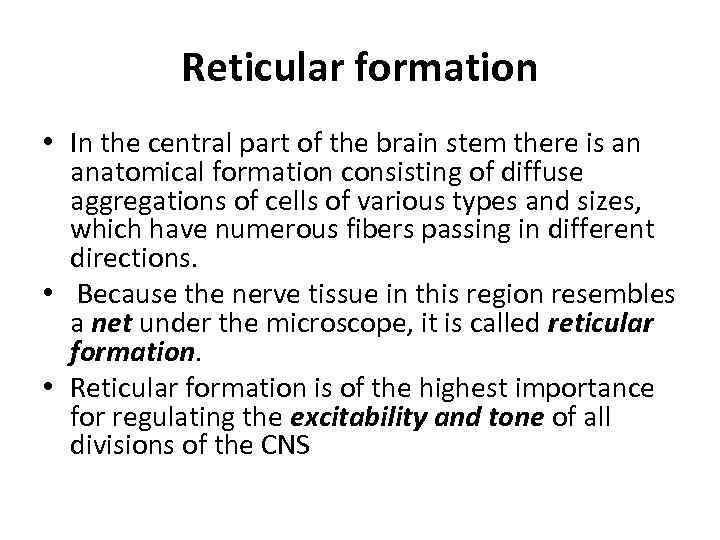 Reticular formation • In the central part of the brain stem there is an