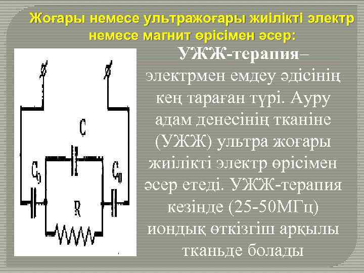 Жоғары немесе ультражоғары жиілікті электр немесе магнит өрісімен әсер: УЖЖ-терапия– электрмен емдеу әдісінің кең