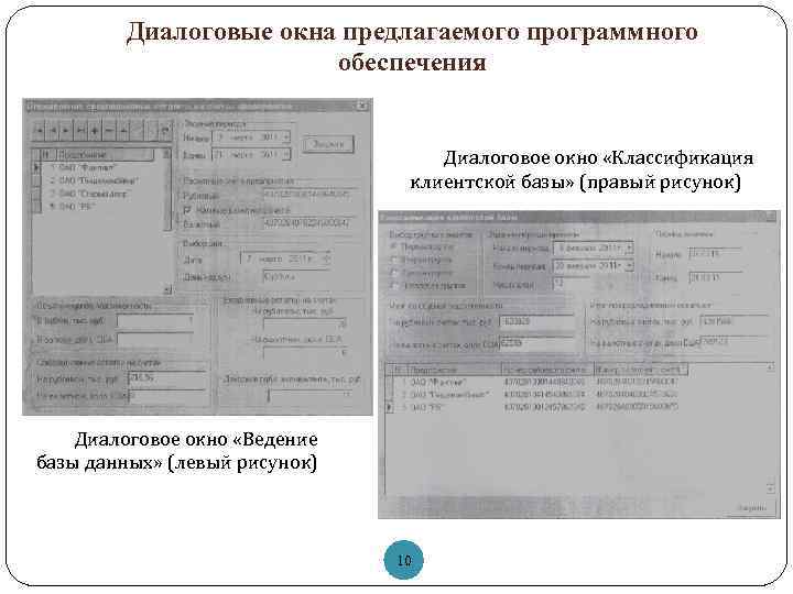 Диалоговые окна предлагаемого программного обеспечения Диалоговое окно «Классификация клиентской базы» (правый рисунок) Диалоговое окно