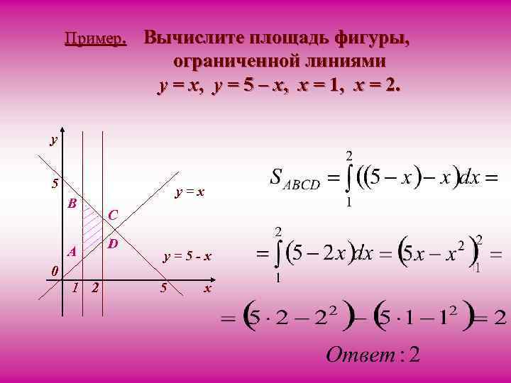 Пример. Вычислите площадь фигуры, ограниченной линиями y = x, y = 5 – x,