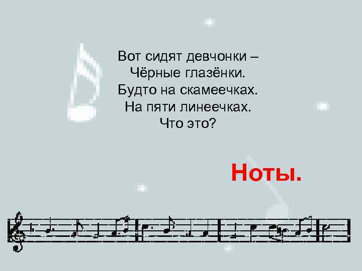 Вот сидят девчонки – Чёрные глазёнки. Будто на скамеечках. На пяти линеечках. Что это?