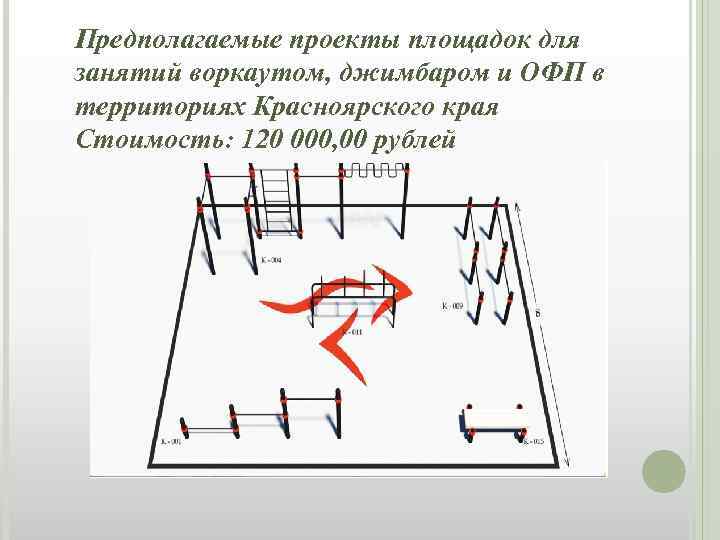 Предполагаемые проекты площадок для занятий воркаутом, джимбаром и ОФП в территориях Красноярского края Стоимость: