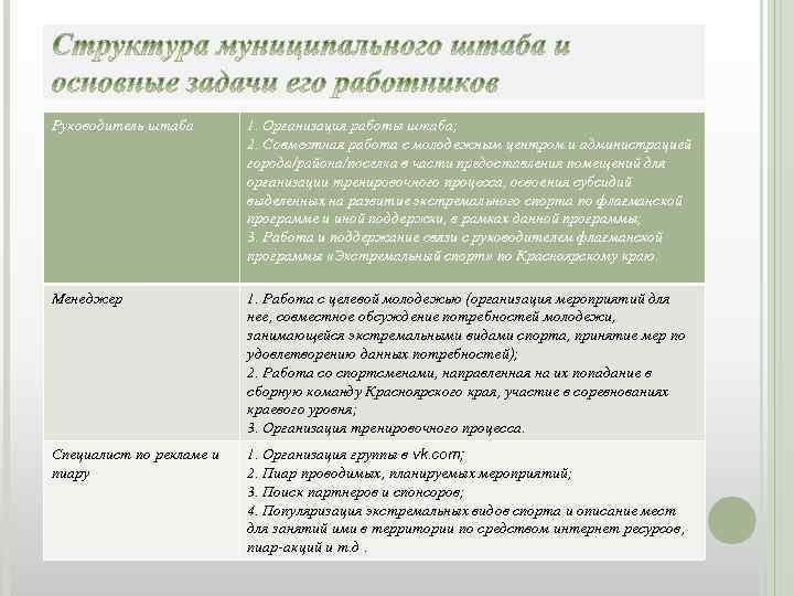 Руководитель штаба 1. Организация работы штаба; 2. Совместная работа с молодежным центром и администрацией