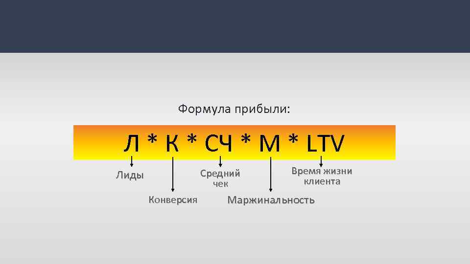 Формула прибыли: Л * К * СЧ * М * LTV Средний чек Лиды