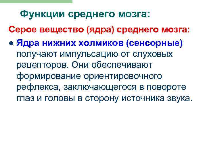 Функции среднего мозга: Серое вещество (ядра) среднего мозга: l Ядра нижних холмиков (сенсорные) получают