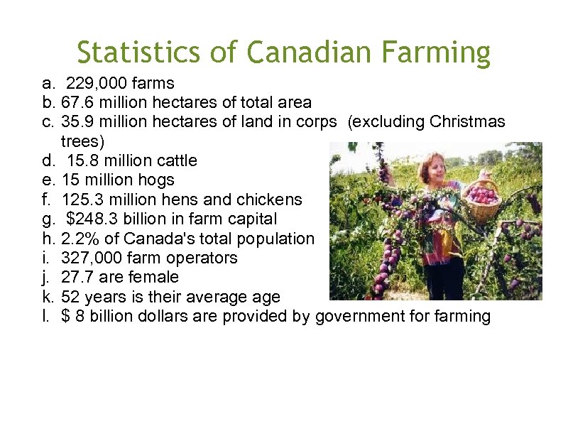 Statistics of Canadian Farming a. 229, 000 farms b. 67. 6 million hectares of