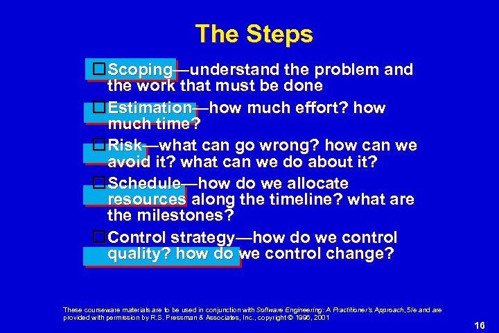 The Steps Scoping—understand the problem and the work that must be done Estimation—how much