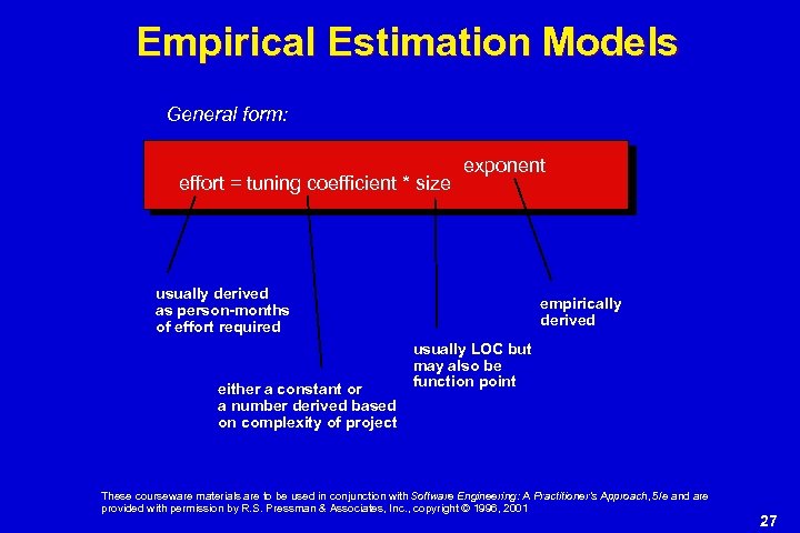 Empirical Estimation Models General form: effort = tuning coefficient * size exponent usually derived