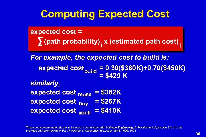 Computing Expected Cost expected cost = (path probability) x (estimated path cost) i i