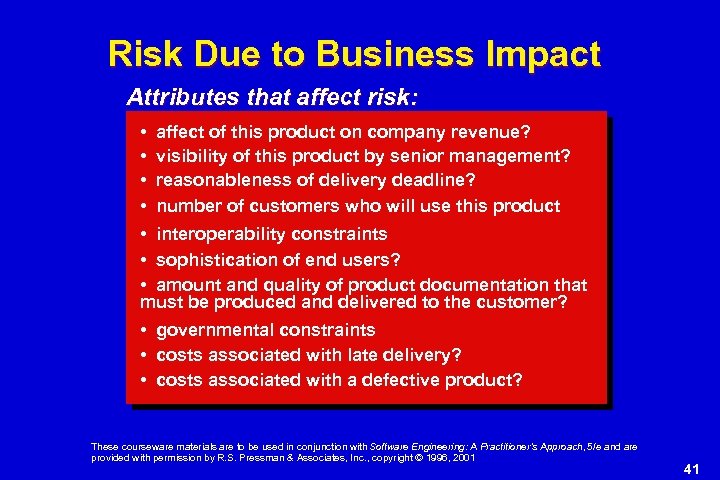 Risk Due to Business Impact Attributes that affect risk: • affect of this product