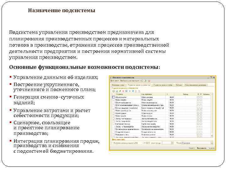 Назначение подсистемы Подсистема управления производством предназначена для планирования производственных процессов и материальных потоков в