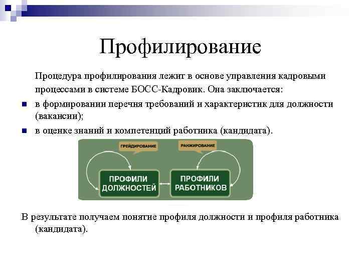 Профилирование n n Процедура профилирования лежит в основе управления кадровыми процессами в системе БОСС-Кадровик.