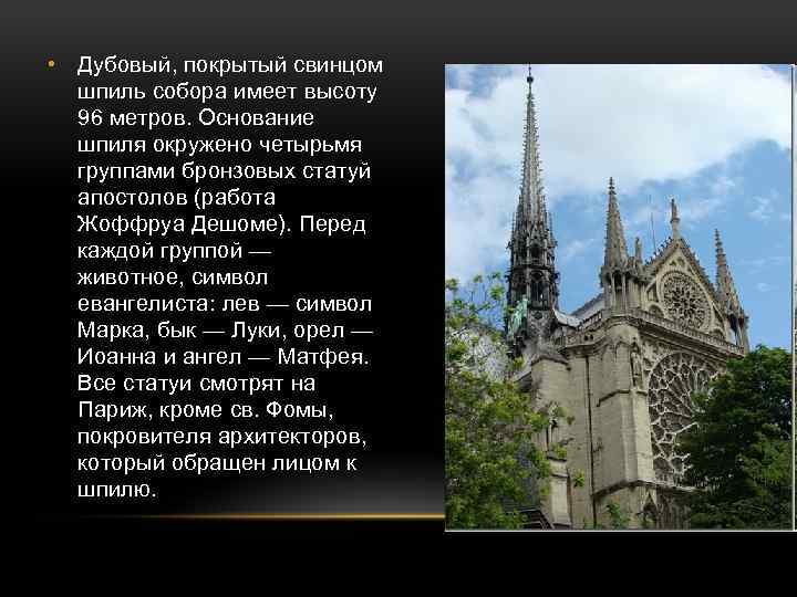  • Дубовый, покрытый свинцом шпиль собора имеет высоту 96 метров. Основание шпиля окружено