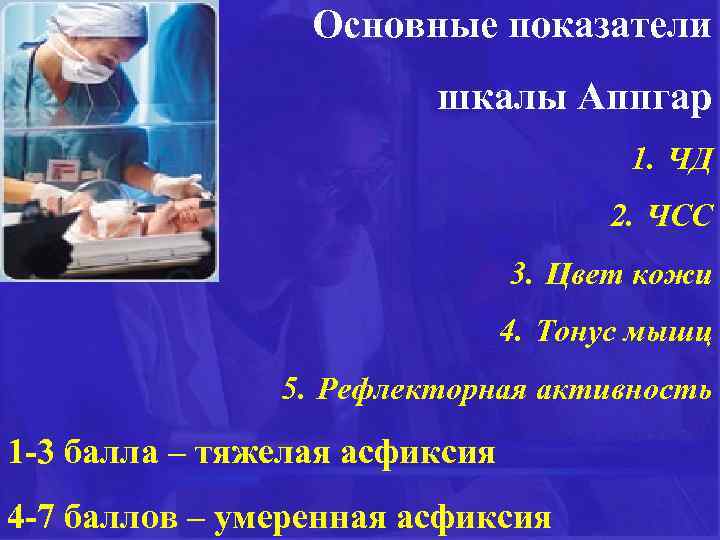 Основные показатели шкалы Аппгар 1. ЧД 2. ЧСС 3. Цвет кожи 4. Тонус мышц