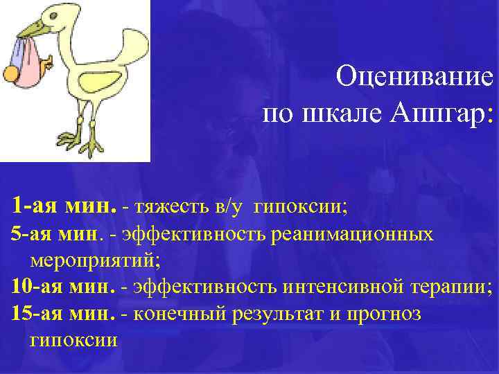 Оценивание по шкале Аппгар: 1 -ая мин. - тяжесть в/у гипоксии; 5 -ая мин.