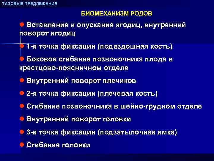 ТАЗОВЫЕ ПРЕДЛЕЖАНИЯ БИОМЕХАНИЗМ РОДОВ l Вставление и опускание ягодиц, внутренний поворот ягодиц l 1