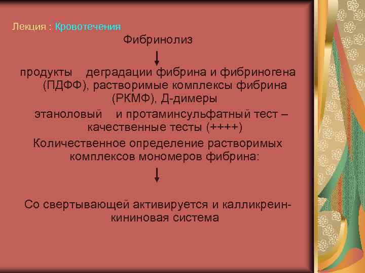 Лекция : Кровотечения Фибринолиз продукты деградации фибрина и фибриногена (ПДФФ), растворимые комплексы фибрина (РКМФ),