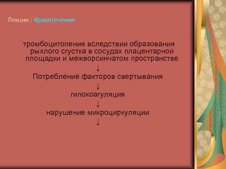 Лекция : Кровотечения тромбоцитопения вследствии образования рыхлого сгустка в сосудах плацентарной площадки и межворсинчатом