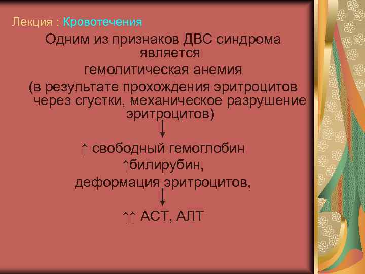 Лекция : Кровотечения Одним из признаков ДВС синдрома является гемолитическая анемия (в результате прохождения
