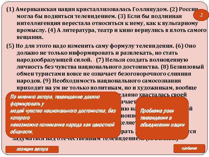 (1) Американская нация кристаллизовалась Голливудом. (2) Россия 2 могла бы подняться телевидением. (3) Если