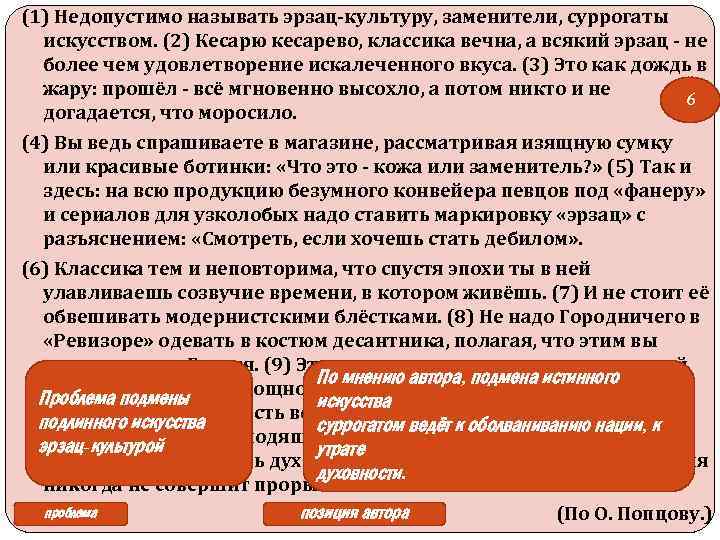 (1) Недопустимо называть эрзац-культуру, заменители, суррогаты искусством. (2) Кесарю кесарево, классика вечна, а всякий