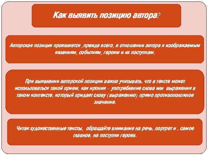 Как выявить позицию автора? Авторская позиция проявляется , прежде всего, в отношении автора к