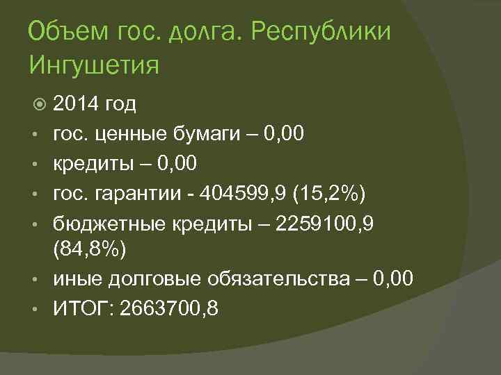 Объем гос. долга. Республики Ингушетия • • • 2014 год гос. ценные бумаги –