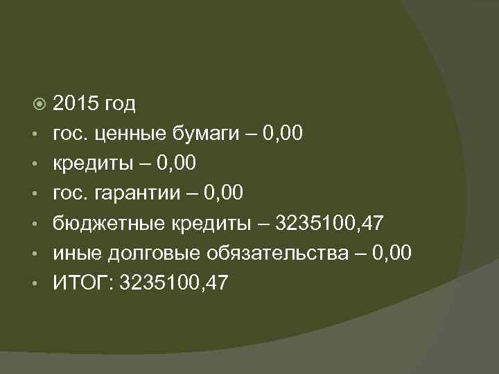  • • • 2015 год гос. ценные бумаги – 0, 00 кредиты –