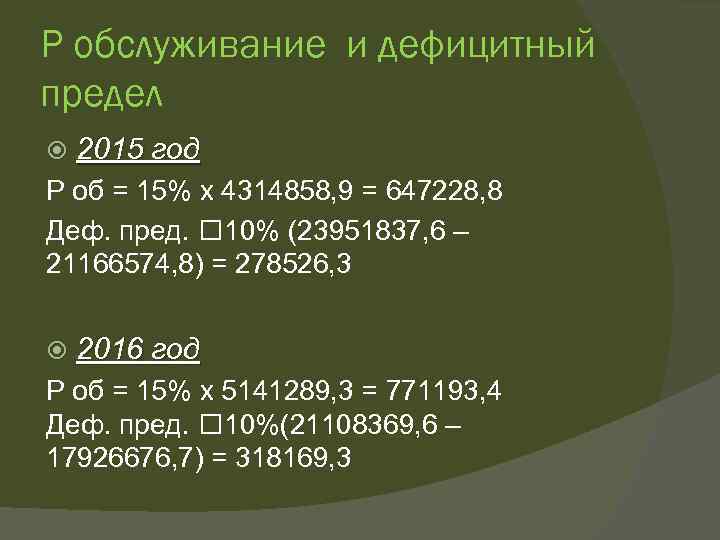 Р обслуживание и дефицитный предел 2015 год Р об = 15% х 4314858, 9