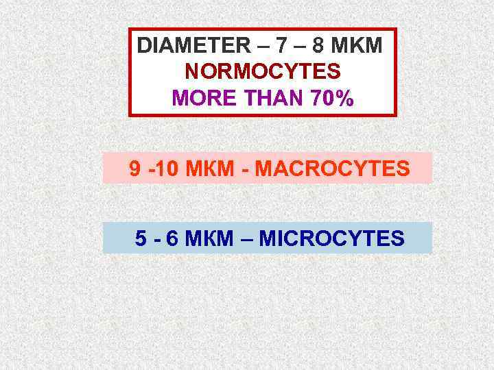 DIAMETER – 7 – 8 МKM NORMOCYTES MORE THAN 70% 9 -10 МКМ -