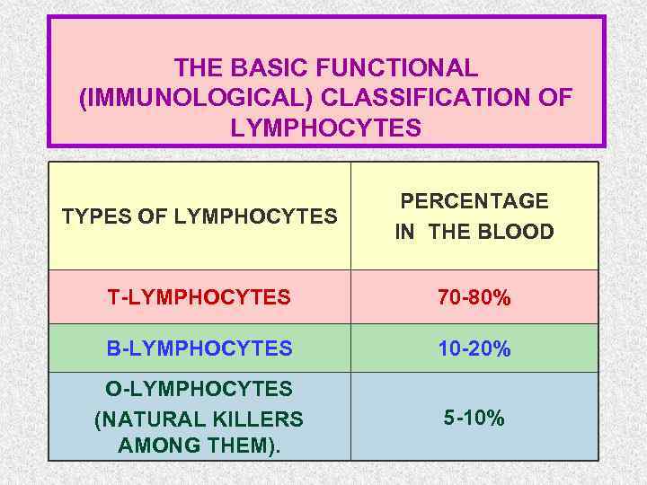 THE BASIC FUNCTIONAL (IMMUNOLOGICAL) CLASSIFICATION OF LYMPHOCYTES TYPES OF LYMPHOCYTES PERCENTAGE IN THE BLOOD