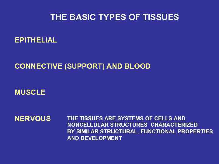 THE BASIC TYPES OF TISSUES EPITHELIAL CONNECTIVE (SUPPORT) AND BLOOD MUSCLE NERVOUS THE TISSUES