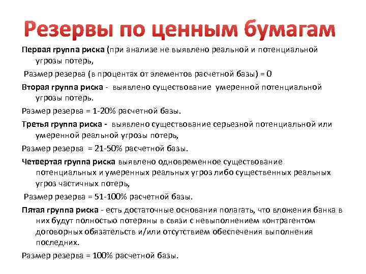 Резервы по ценным бумагам Первая группа риска (при анализе не выявлено реальной и потенциальной