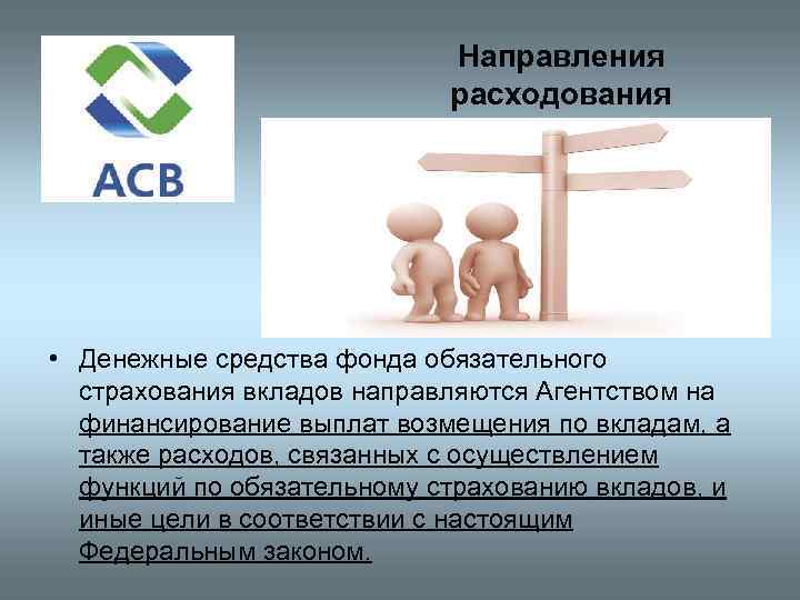 Направления расходования • Денежные средства фонда обязательного страхования вкладов направляются Агентством на финансирование выплат