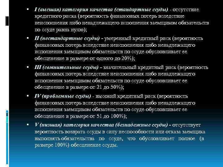  I (высшая) категория качества (стандартные ссуды) - отсутствие кредитного риска (вероятность финансовых потерь