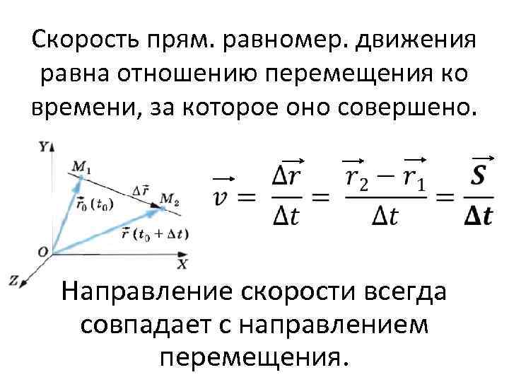 Скорость прям. равномер. движения равна отношению перемещения ко времени, за которое оно совершено. Направление