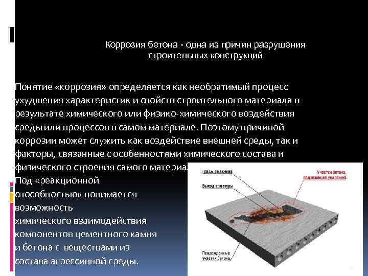 Коррозия бетона - одна из причин разрушения строительных конструкций Понятие «коррозия» определяется как необратимый