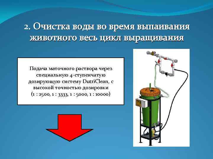 2. Очистка воды во время выпаивания животного весь цикл выращивания Подача маточного раствора через