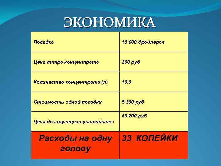 ЭКОНОМИКА Посадка 16 000 бройлеров Цена литра концентрата 290 руб Количество концентрата (л) 19,