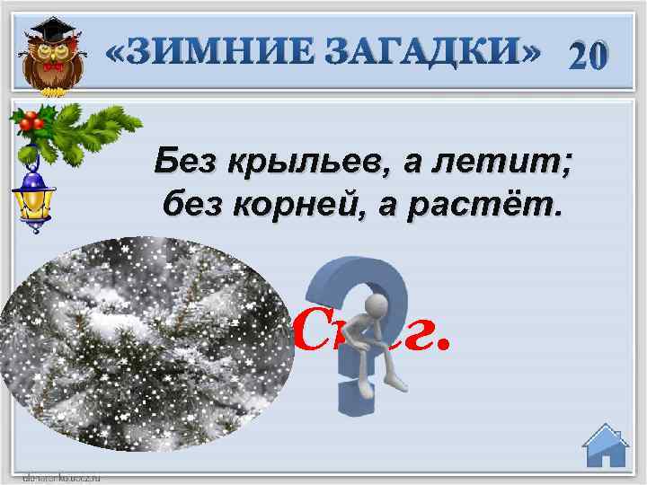  «ЗИМНИЕ ЗАГАДКИ» 20 Без крыльев, а летит; без корней, а растёт. Снег. 