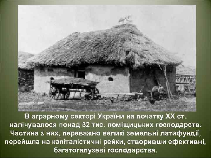 В аграрному секторі України на початку ХХ ст. налічувалося понад 32 тис. поміщицьких господарств.