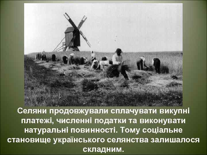 Селяни продовжували сплачувати викупні платежі, численні податки та виконувати натуральні повинності. Тому соціальне становище