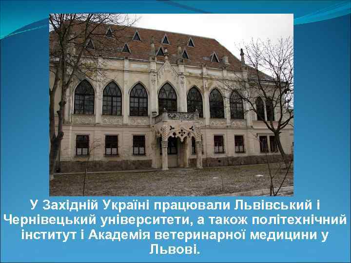 У Західній Україні працювали Львівський і Чернівецький університети, а також політехнічний інститут і Академія