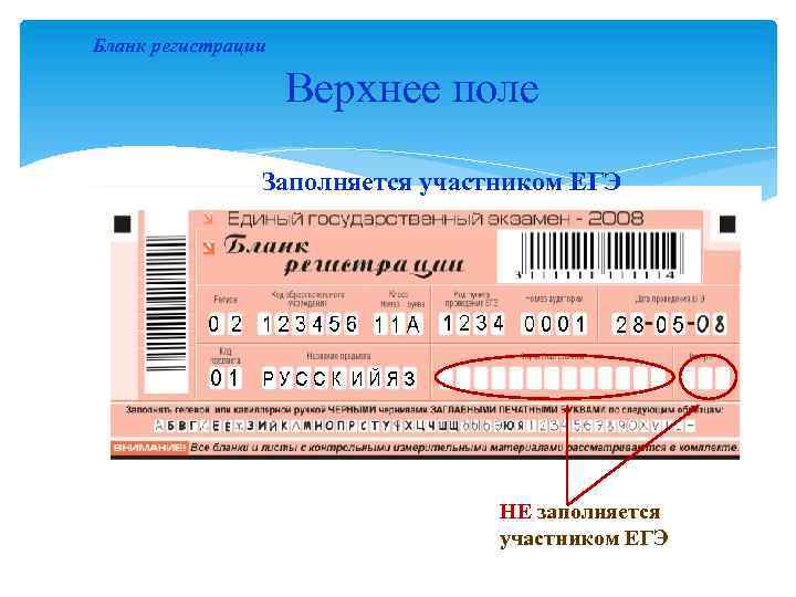 Бланк регистрации Верхнее поле Заполняется участником ЕГЭ НЕ заполняется участником ЕГЭ 