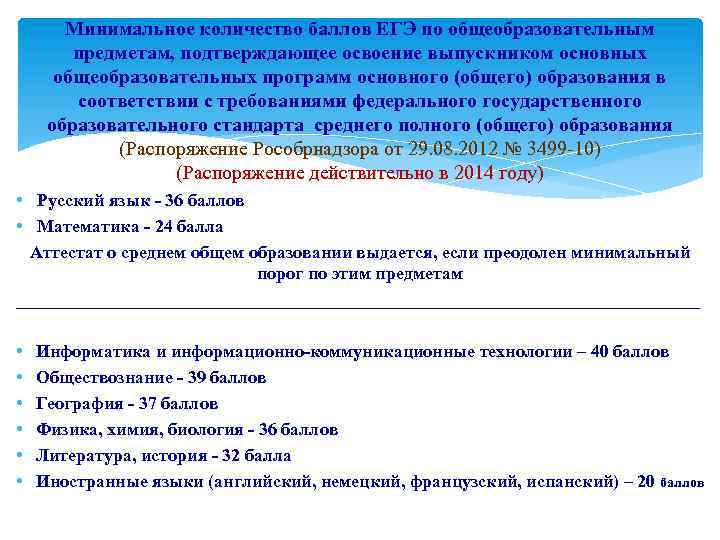 Минимальное количество баллов ЕГЭ по общеобразовательным предметам, подтверждающее освоение выпускником основных общеобразовательных программ основного